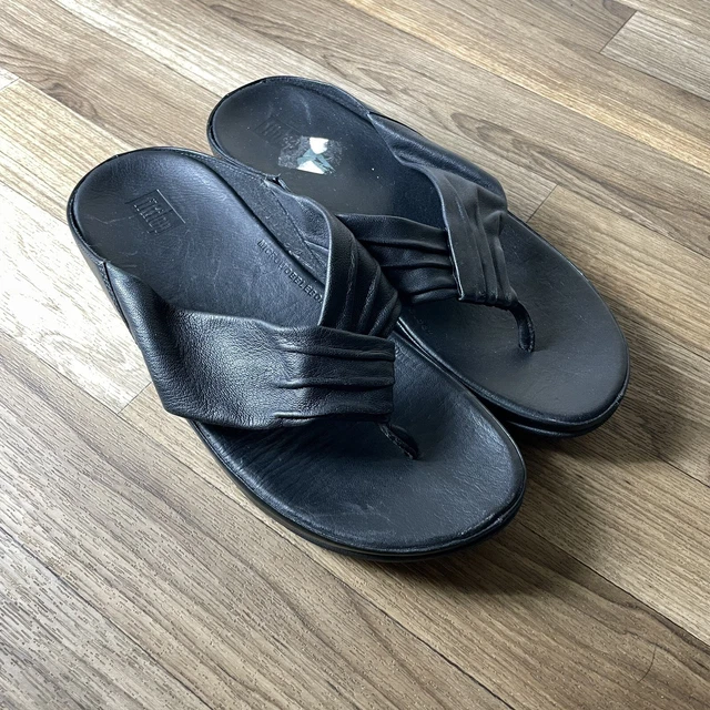 FitFlop Twiss Womens 7 Black Leather Strap Thong Sandals Platform Wedge