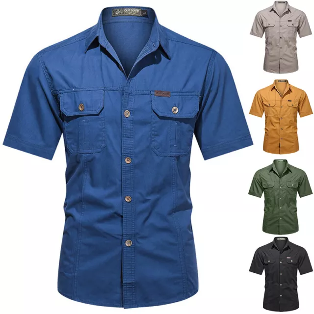 Mens Short Sleeve Shirts Casual Turn-down Collar Button T Shirt with Pockets UK