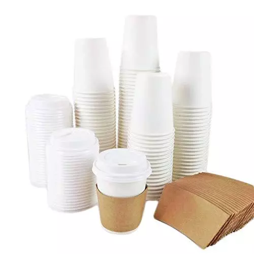 12oz White Paper Coffee Cups With White Lids and Sleeves Disposable (Full Set)