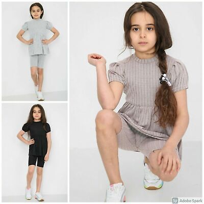 Girls Puff Short Sleeves Summer Pleated Frilled Co-Ord Set Loungewear Outfit UK