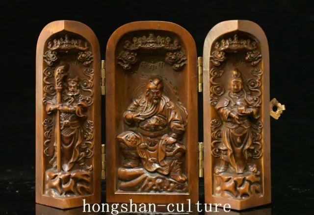 Boîte de sanctuaire générale Feng Shui Guan Gong Yu en bois de buis sculpté de 5