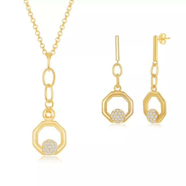 Silver Round Micro Pave CZ Open Hexagon Pendant & Earrings Set W/Chain