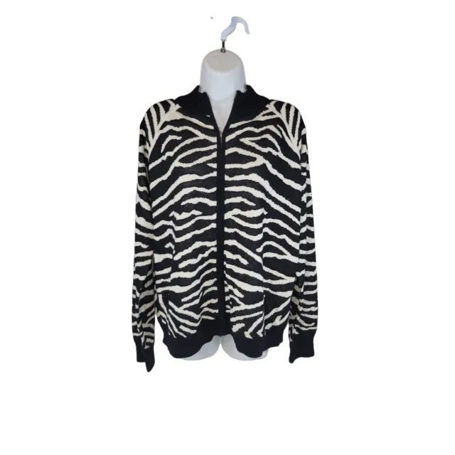Joan Vass Zebra Jacket Cardigan Sweater Size 1X NEW NWT $98 Black White Zip Fron