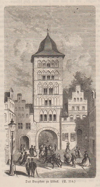 Lübeck Puerta Del Castillo Original Grabado en Madera 1865