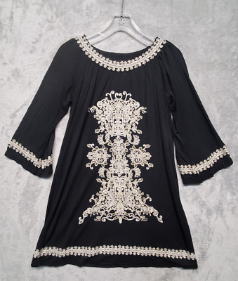 Urban Mango Dress Womens Large Black Tunic Dress Top Cream and Gold Embroidery