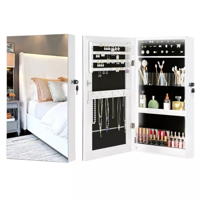 LED Jewelry Cabinet Armoire Box Wall Mounted Organizer Mirror for Home Indoor