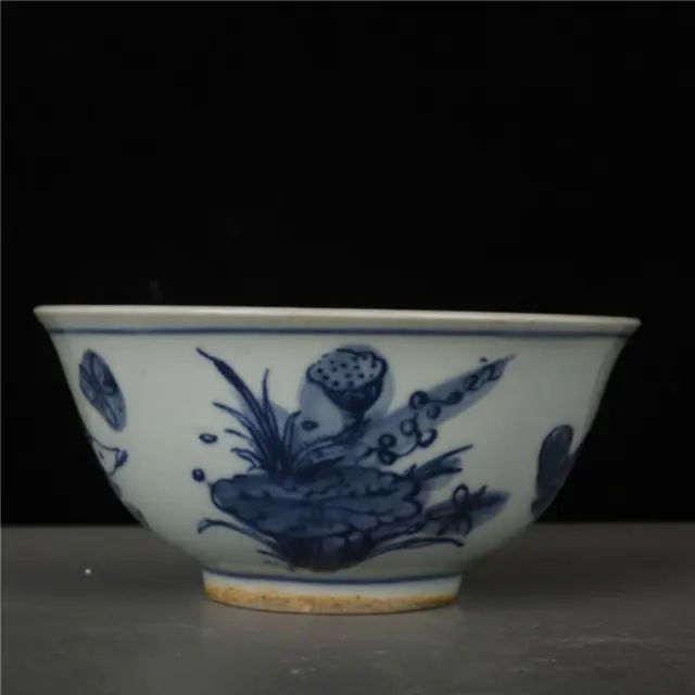 Chinese Blue and White Porcelain Qing Guangxu Lotus Fish Design Bowl 4.53 inch