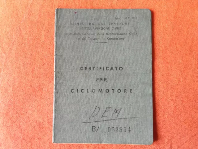 Libretto Circolazione Ciclomotore DEMM 15/2 SPORT SPECIAL 1965 ORIGINALE NO ape