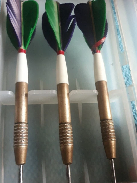 Vintage Kwiz  14G Brass Darts With Original Case & Feathered Flights
