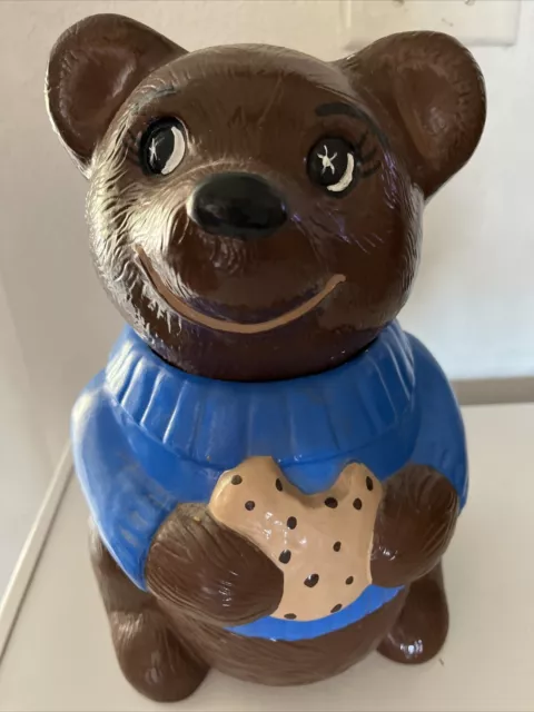 Brown Bear Teddy Bear Holding Cookie Blue Sweater Ceramic Cookie Jar Vintage