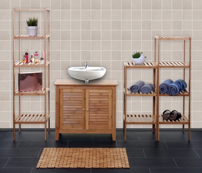 Arredo bagno serie HWC-A85 legno bambu e MDF set sottolavabo e specchio 2 pezzi 