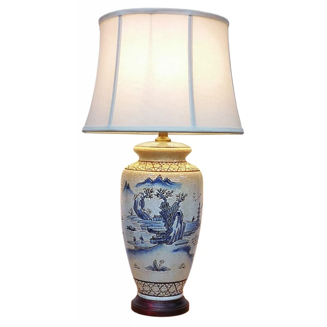 Blaue Keramiklampe orientalische chinesische Landschaft Porzellan Tischlampe M12790