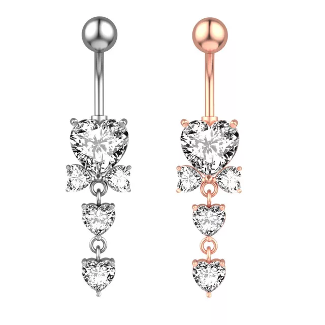 HEART DROP Dangle Belly Button Bars Silver Rose Gold Titanium
