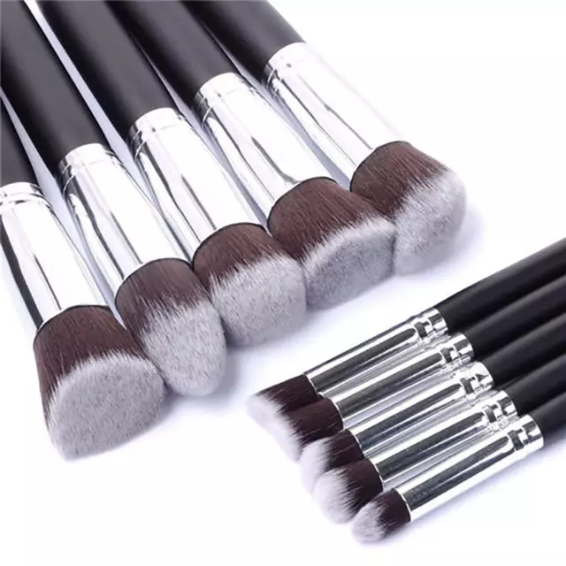 Set De 10 Pinceaux Maquillage Pro Noir Et Argent Fond De Teint Blush Cosmétique