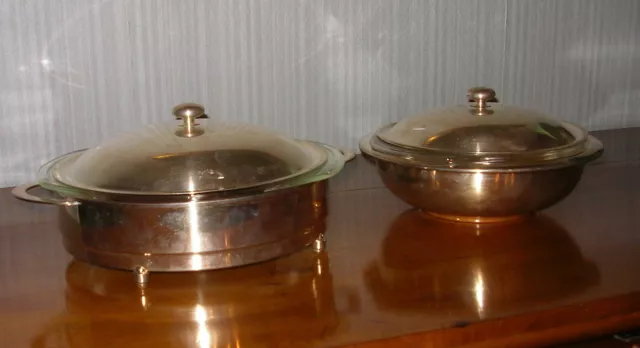 2 eleganti legumiere argentate c/coperchi - compl. pyrex forno/micronde- anni 70