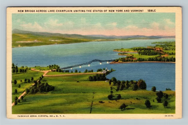 Lake Champlain, NY-New York, Aerial View Bridge, c1938 Vintage Postcard