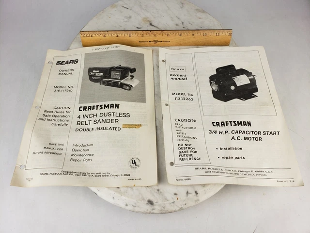 2X SEARS CRAFTSMAN Manuals - 3/4 HP Motor 113.12262 & 4" Belt Sander ...
