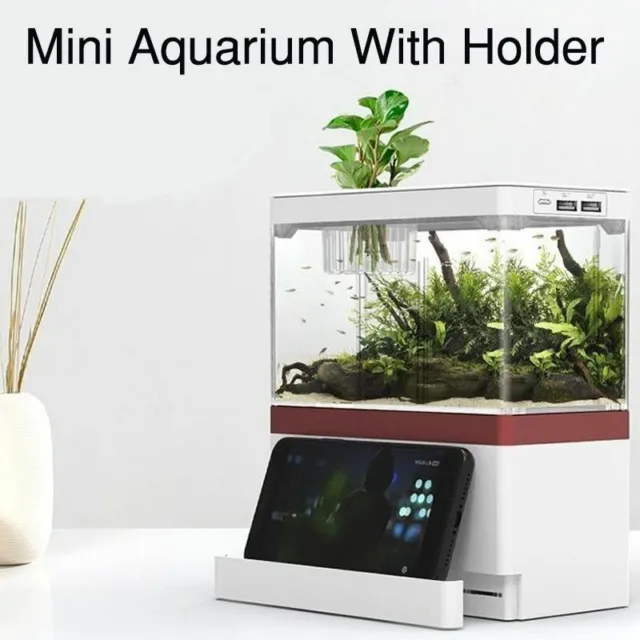 USB Mini Betta Fish Tank Small Aquarium With Phone Holder LED Lamp Light 2