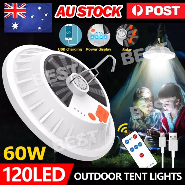 120 LED Rechargeable Camping Tent Light USB Solar Lantern Outdoor Lamp + Remote