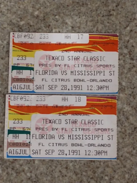1991 Texaco Star Classic Ticket Stubs. Florida Gators v Mississippi State