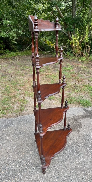 Victorian Corner Whatnot 5 Shelf Stand Serpentine Design Walnut c1880 10 Finials