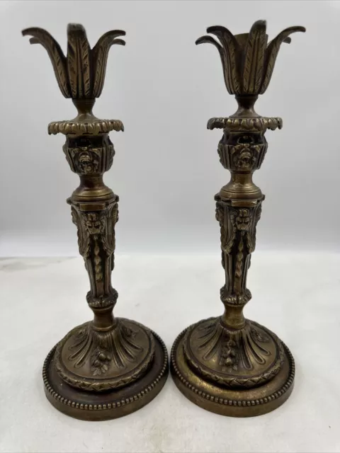 Vintage Ornate Brass Castilian Candle Holders Solid & Heavy 12'' Lion Heads-Pair