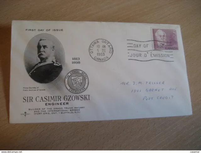 Ottawa 1963 Yvert 333 Sir Casimir Gzowski Poland Engineering Railway Bridge FDC