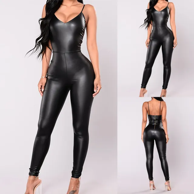 WOMENS SEXY PU Faux Leather Catsuit Jumpsuit Wet Look Bodysuit