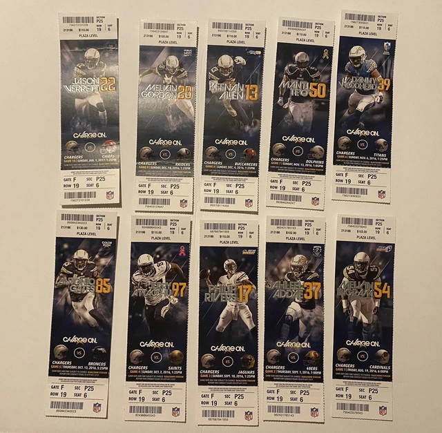 2016 San Diego Chargers Full Regular Season Home Tickets Stubs Set Lot final SD