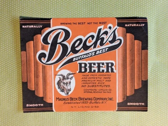 Beck's Beer Label- Buffalo's Best-Irtp-New-Magnus Beck Brewing -Buffalo N.y.