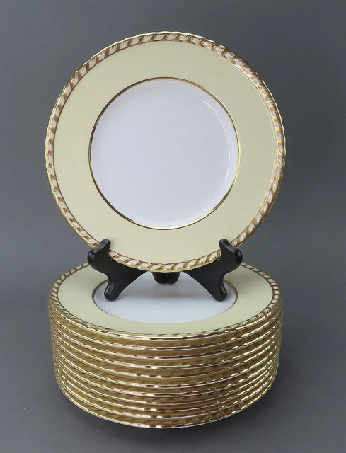 Lovely Pristine Set 12 Mintons 9" Salad Luncheon Plates White Yellow Gold