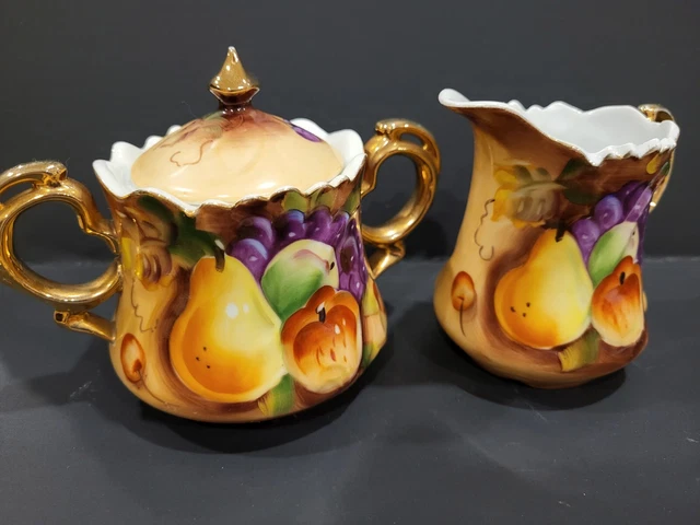Lefton Heritage Brown-Fruit Creamer And Sugar Bowl With Lid-Perfect