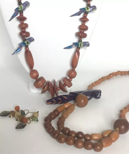 Vintage Wooden Parrot Beaded Hand Painted 2 Necklaces Tropical With Earrings