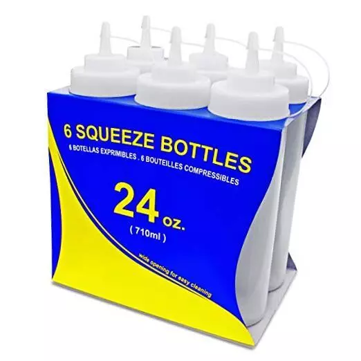 533814 Squeeze Bottles, Plastic, Wide Mouth, 24 oz, Clear, Pack of 6
