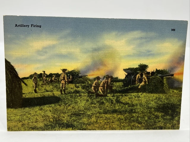 Postcard Military Artillery Firing M6 Soldiers Cannon War