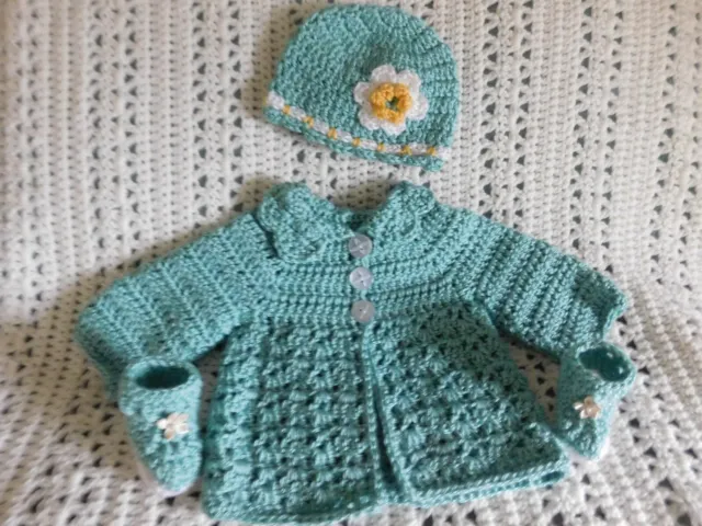 Handmade Infant Crocheted Baby Set Sweater Hat Teal Reborn