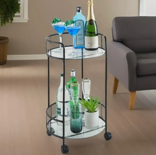 Stylish Black Drinks Trolley Two Glass Shelves Eye Catching Black With Castor