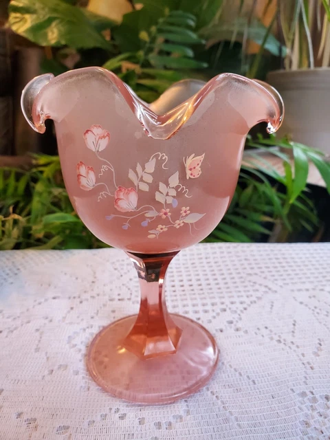 Vtg Fenton Frosted Rose Pink Compote Bowl Hand Painted Florals Artist Signed