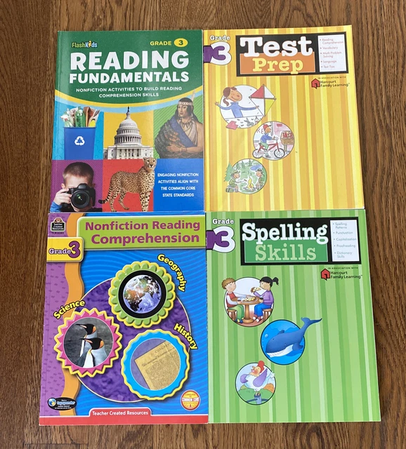4 GRADE 3 Workbooks Spelling Nonfiction Reading Comprehension Test