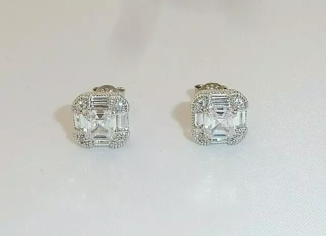 Ladies Wedding Sterling 925 Fine Silver Asscher Cut White Sapphire Stud Earrings