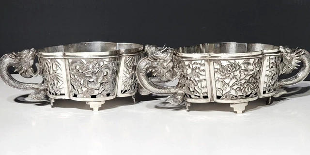 Chinese Export Silver Dragon Handled  Centerpiece Bowls, Luen Wo