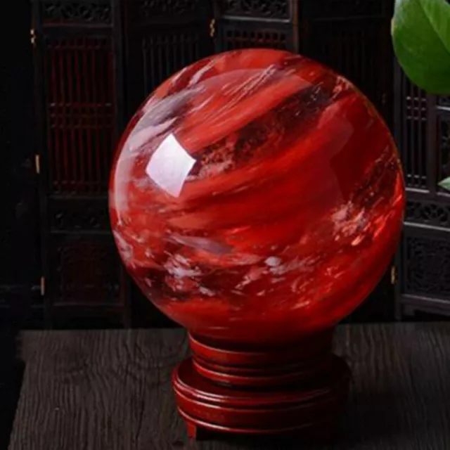 Large Natural Quartz Crystal Ball Red Smelting Stone Sphere W/ Stand Home Decor