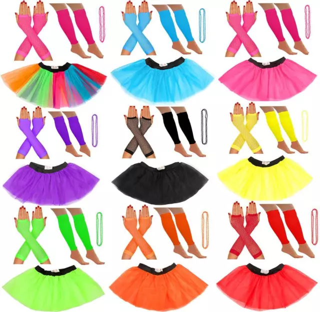 Neon 80s Tutu Set Skirt Leg Warmers Beads Hen Party Fancy Dress Costumes Dance