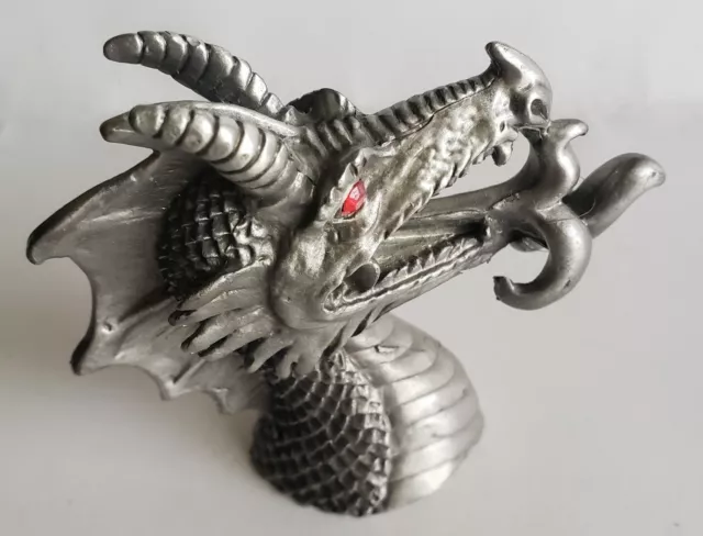 Pewter Dragon's Head W/ruby Red Jeweled Eyes 3" Ornamental Pc.