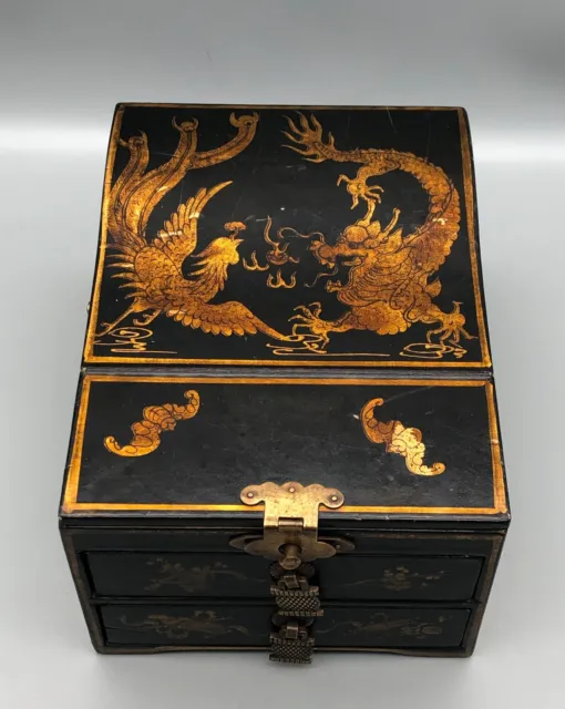Charlie Lapson Wood Black Lacquer Jewelry Box Oriental Asian Dragons Gold Gilt