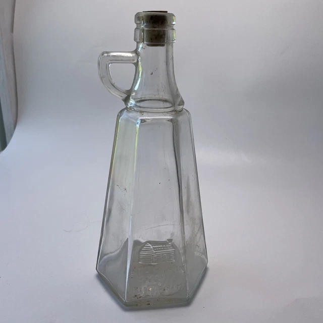 Vintage Log Cabin Syrup Bottle Clear Glass Jug 12oz Handle Spout 8”