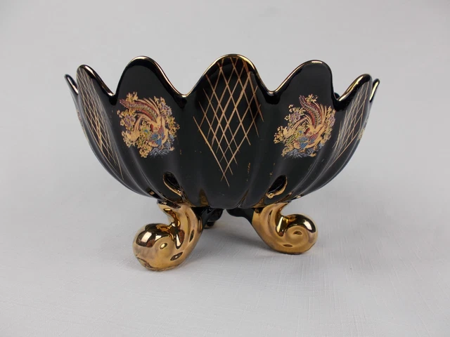VTG bowl Asian style decorative Black peacock  flower design gold plated accents