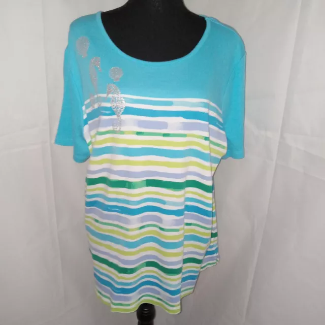 Kim Rogers Women's Top Size 1X Aqua Blue Striped Seahorses Seashells Stretch