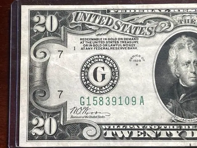 1928 B $20-AU+ Federal Reserve Note “REDEEMABLE IN GOLD”LIME GREEN SEAL, G