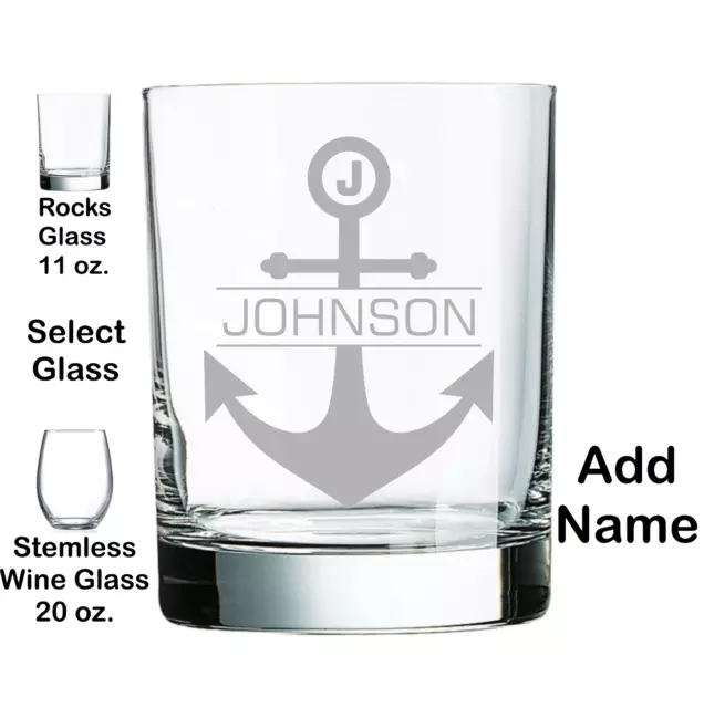 Personalized Glass ENGRAVED Monogram Whiskey or Stemless Wine Glass NAUTICAL